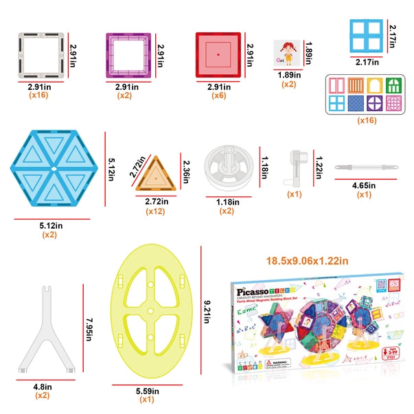 PicassoTiles Magnet Tile Ferris Wheel Building Set - 63pcs