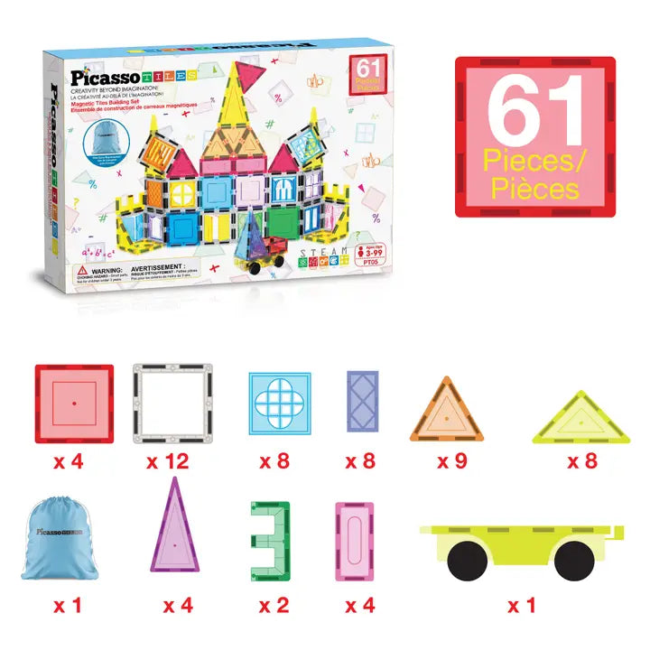 PicassoTiles Magnetic Building Tile Set - 61pcs