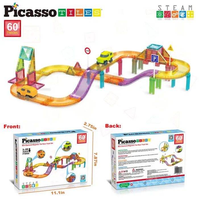 PicassoTiles Magnet Tile Race Track Set Led Car Travel Size - 60pcs