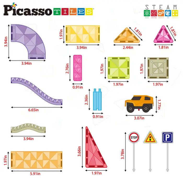PicassoTiles Magnet Tile Race Track Set Led Car Travel Size - 60pcs
