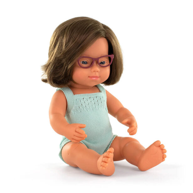 Miniland Dolls 15" Baby Doll Caucasian Down Syndrome Girl with Glasses