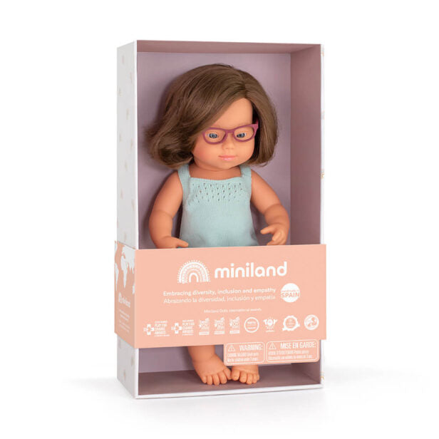 Miniland Dolls 15" Baby Doll Caucasian Down Syndrome Girl with Glasses