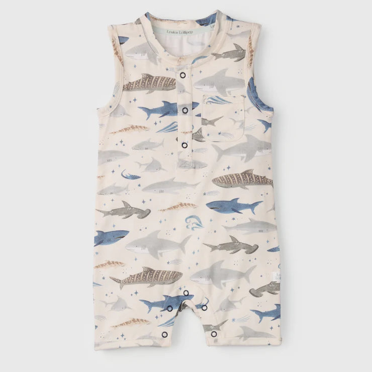 Loulou Lollipop Short Romper - Smiley Sharks - Size 12-18 Months