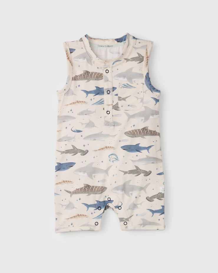 Loulou Lollipop Short Romper - Smiley Sharks - Size 12-18 Months