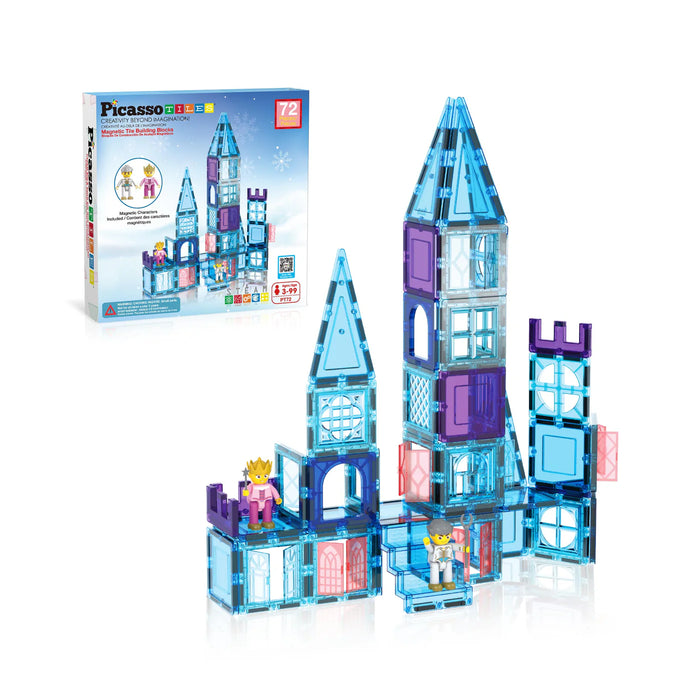 PicassoTiles Magnetic Building Tiles Castle Winter Ice Theme Set - 72pcs