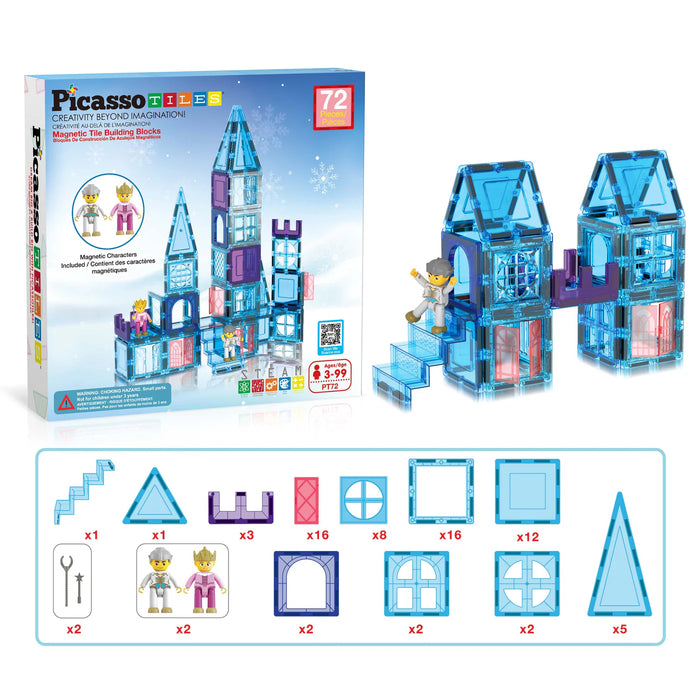 PicassoTiles Magnetic Building Tiles Castle Winter Ice Theme Set - 72pcs