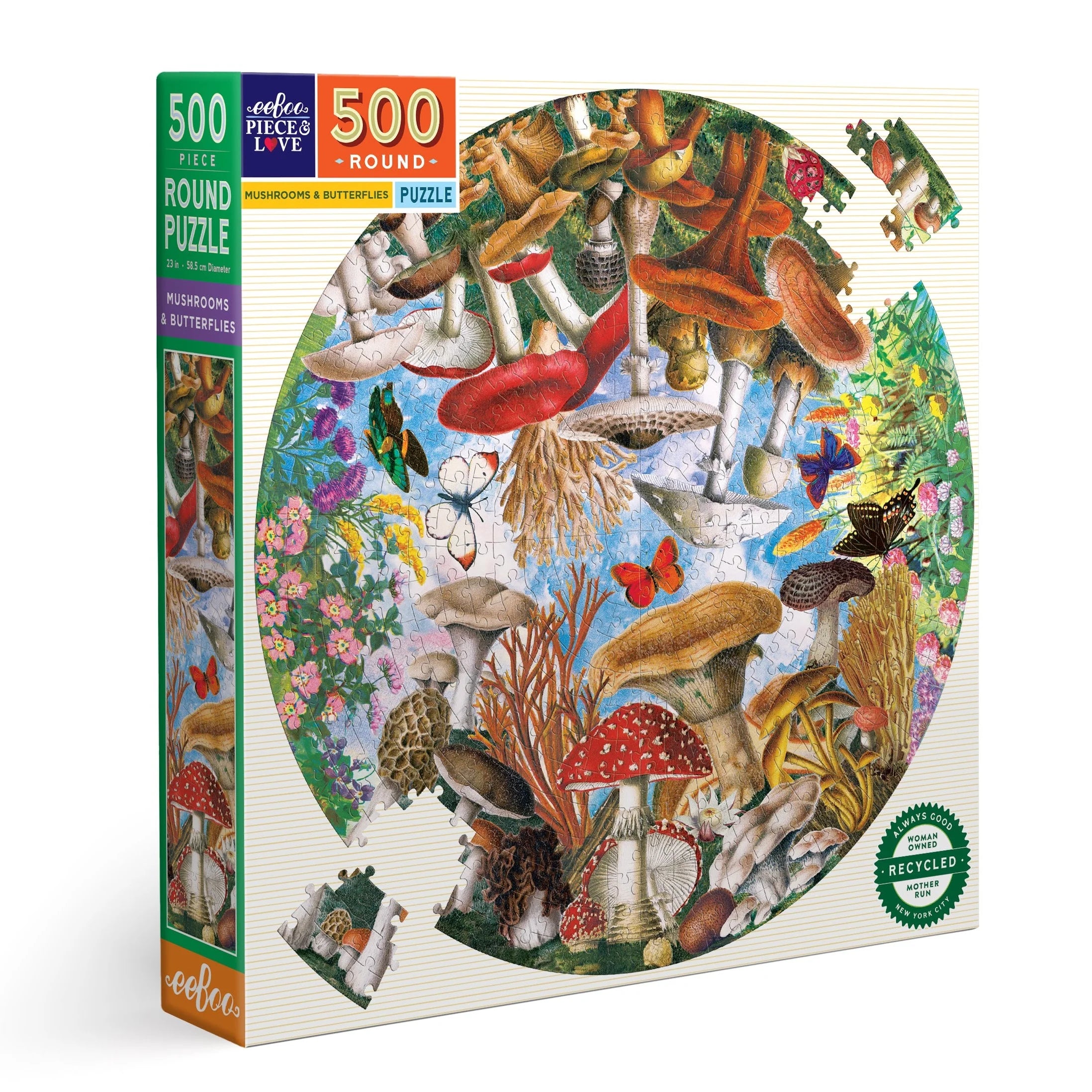 eeBoo Mushrooms and Butterflies 500 Piece Round Puzzle