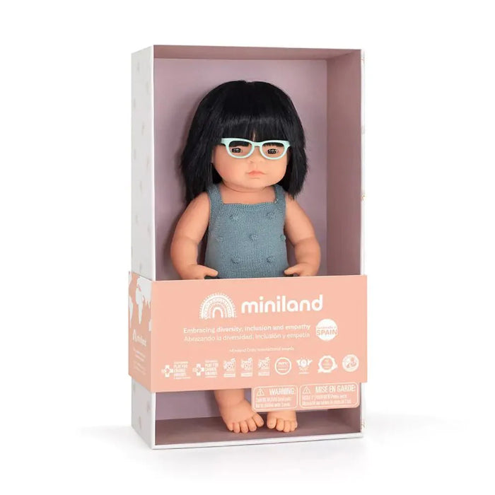 Miniland Dolls 15" Baby Doll Asian Girl with Glasses