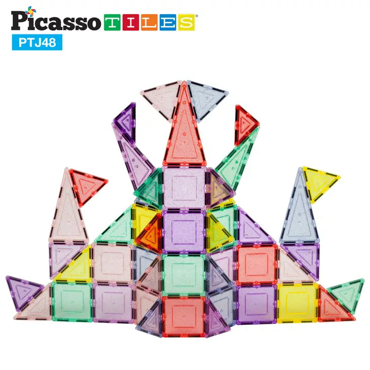 PicassoTiles Magnetic Building Glitter Themed Magnetic Tile Set - 48pcs