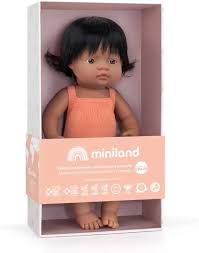 Miniland Dolls 15" Baby Doll Hispanic Girl with Salmon Romper