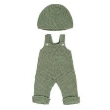 Miniland Dolls Clothing - Knitted Outfit Overall and Beanie Green