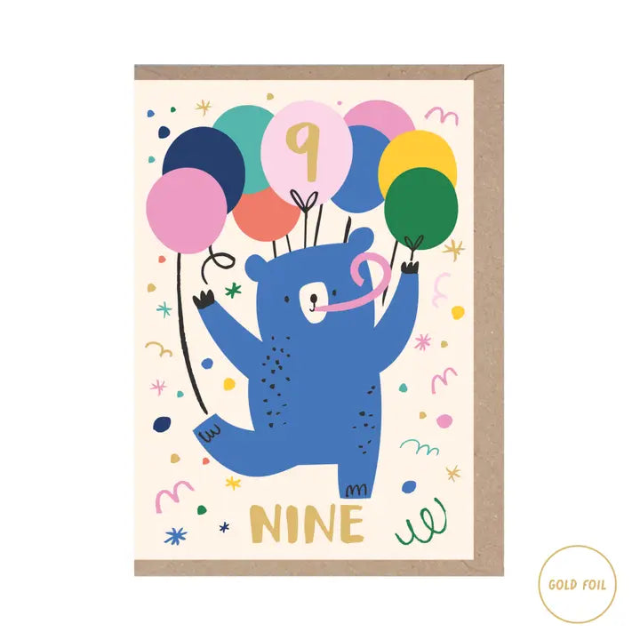 Birthday Card 9th Birthday Bear