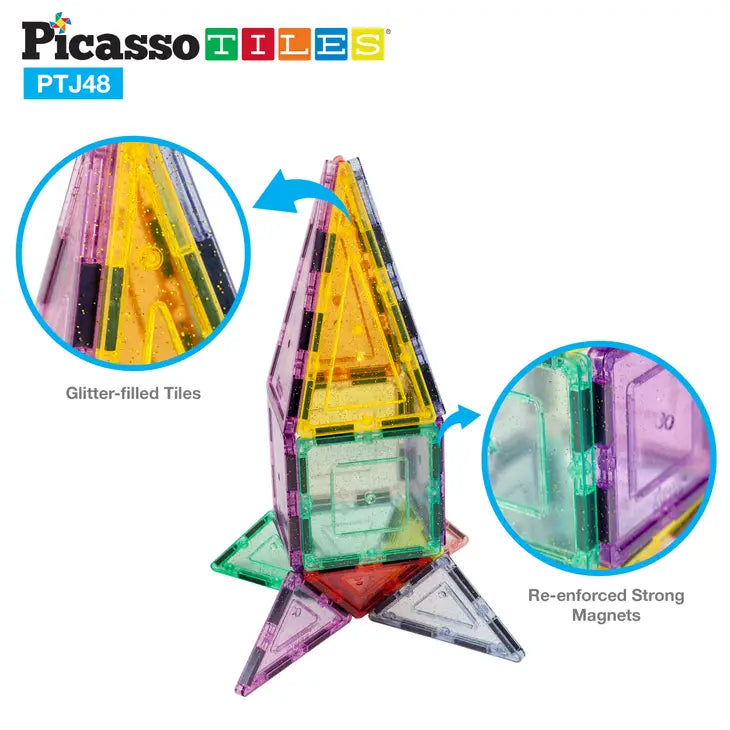 PicassoTiles Magnetic Building Glitter Themed Magnetic Tile Set - 48pcs