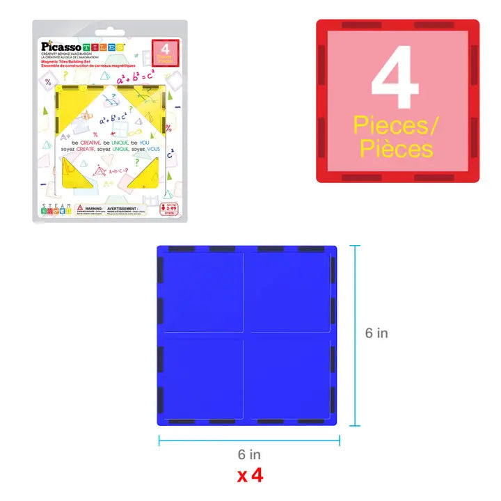 PicassoTiles Large Square Magnet Tiles Expansion - 4pcs
