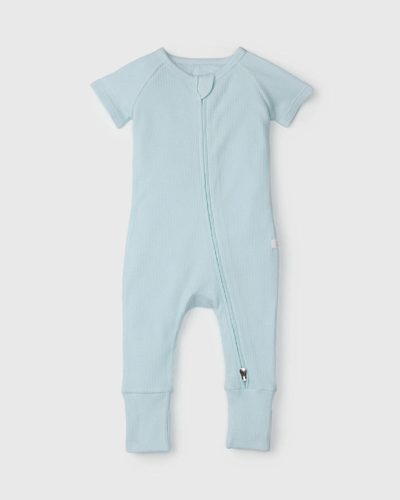 Loulou Lollipop Waffle Short Sleeve Zipped Romper - Sea Glass - Various Sizes