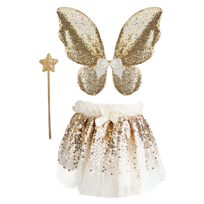 Great Pretenders Gracious Gold Sequins Skirt, Wings, and Wand Set SZ 4-6