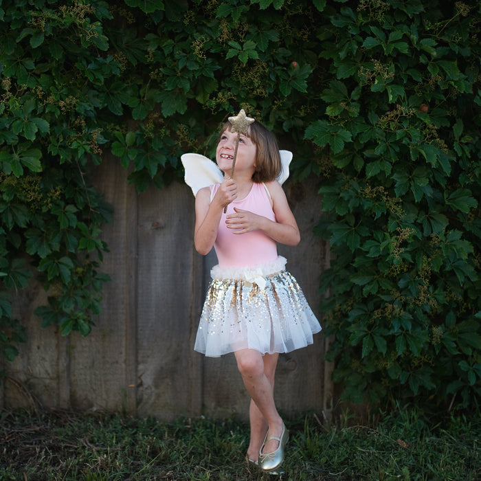 Great Pretenders Gracious Gold Sequins Skirt, Wings, and Wand Set SZ 4-6